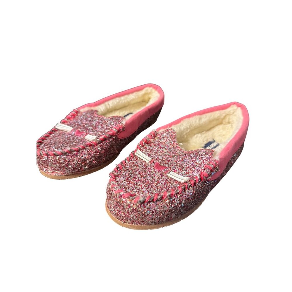 Lands End Pink Glitter Kitty Cat Face Moccasin Slippers Faux Fur Lining Sz 2